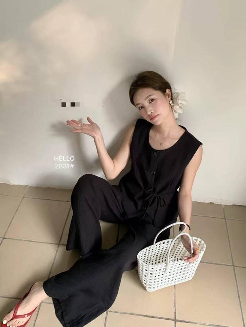 Round Neck Button Vest with Trousers Sets With Rope